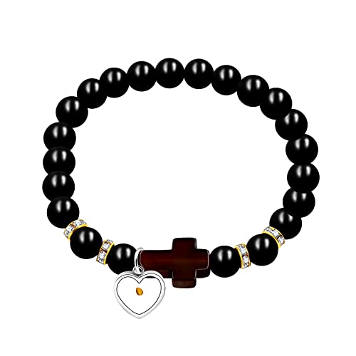 Image of Uloveido Black Agate Side Cross Bracelet Mustard Seed Charms, Personalized Letter A-Z Tiger's Eye Bangle Y944