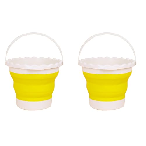 CHAOFAN 2 Pack Round Folding Paint Water Bucket with Pen Holder Portable Mini Buckets Painting Brush Bucket for Child,Beach Painting,High Capacity Fishing Bucket (Yellow)