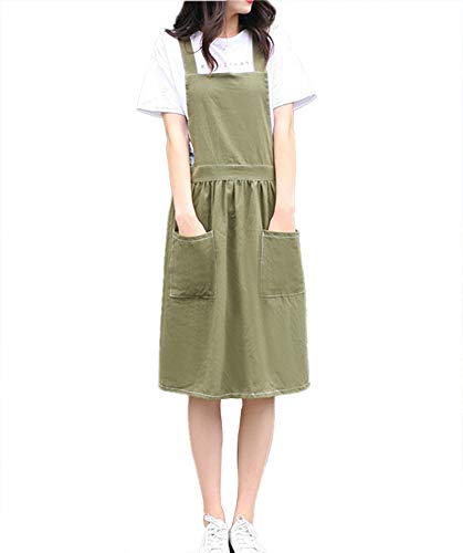 losofar Women Girls Pretty Apron Vintage Gardening Daily Chores Works CottonLinen Blend Aprons Pinafore Dress with Two Pockets DarkGreen M