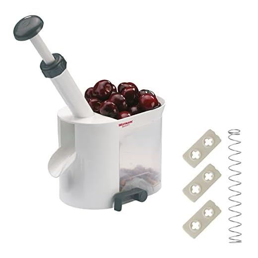 Westmark Deshuesador de cerezas con vertedor y caja de núcleo, incluye piezas de desgaste de 4 piezas, plástico y acero inoxidable, blanco/antracita, 40302260
