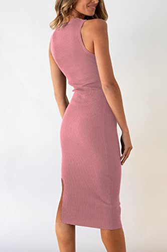 Image of PRETTYGARDEN Women's Summer Midi Bodycon Dresses Casual Crew Neck Side Slit Sleeveless Knit Cut Out Tank Top Dress