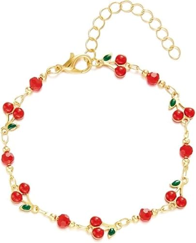 Image of Cherry Bracelet for Women Gold Evil Eye Link Bracelet Dainty Flower Daisy Bracelets Pearl Butterfly Heart Charm Bracelets Adjustable Summer Beach Jewelry