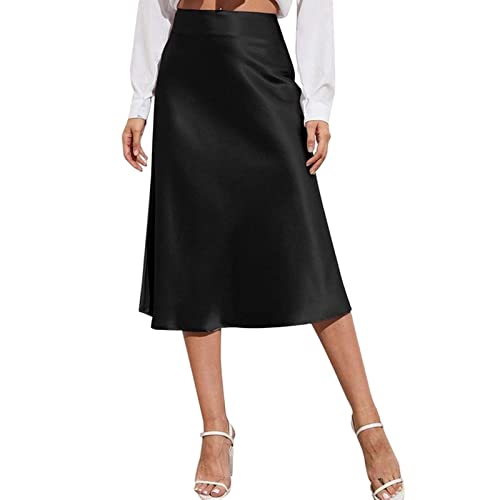 COTCLO Falda larga de gasa para mujer, falda midi de cintura alta, color liso, vestido de satén, con cremallera, faldas de verano para mujer, color negro, talla L