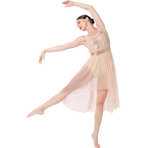 AFAVOM Women's Lyrical Dance Dress - Modern Contemporary Dance Costume with Ballet Leotard, Asymmetric Flowy Tulle Skirt, Praise Lyrical Dancewear in Champagne Small