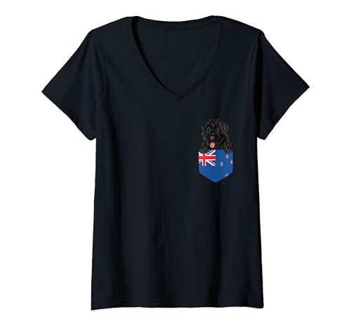 Womens New Zealand Flag Bouvier des Flandres Dog In Pocket V-Neck T-Shirt, Black