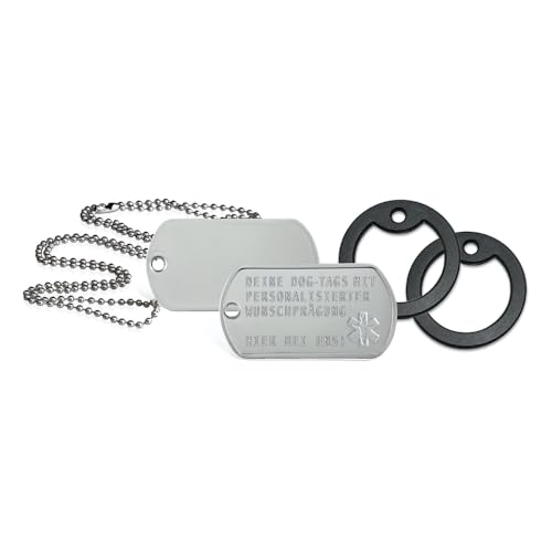 2 Stück personalisierte Erkennungsmarken | Dog Tag Kette mit Prägung | inklusive 2 Ketten & 2 Silencer im Set | diverse Texte und Motive möglich | Rambo | Militär Ausrüstung (Med-Logo)