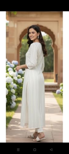 Image of Women's Off-White & Blue Striped Straight Cotton Kurta with Round Neck and Decorative Buttons