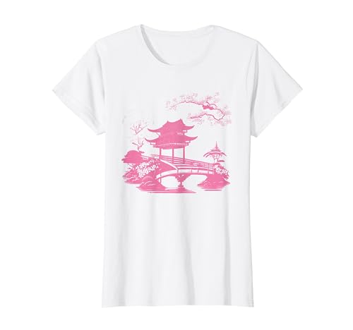 Vintage Chinoiserie Pagode Rosa Grafik Chinesische Blaue Weide T-Shirt Vintage Chinoiserie Pagode Rosa Grafik Chinesische Blaue Weide T-Shirt