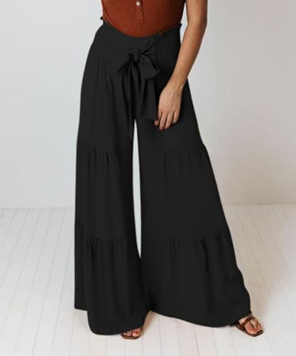 Womens Wide Leg Flared Pants Casual Long Palazzo Pants Flowy Lounge Pants High Waist Tie Knot Beach Trousers4