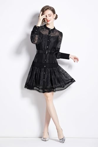 Image of LAI MENG FIVE CATS Women's Hollow Out Floral Print Lantern Sleeve Button Casual Mini Dress