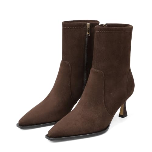 Image of Womens Brown Suede Fall Boots with Side Zip, Ankle, Mid Calf, Pointed Toe, Kitten Heel, Dressy, Short Boots