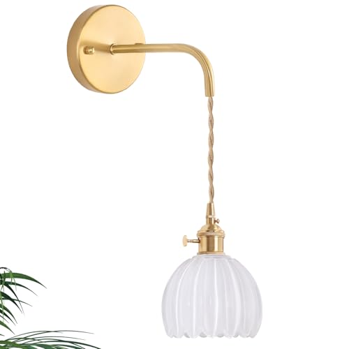 Image of Shenmoyl Vintage Wall Sconce with White Tulip Shade Pattern Glass Adjustable Chain Retro Gold Wall Mounted Light, Modern Wall Lamp Fixtures Decor for Bedside Bedroom Indoor Doorway