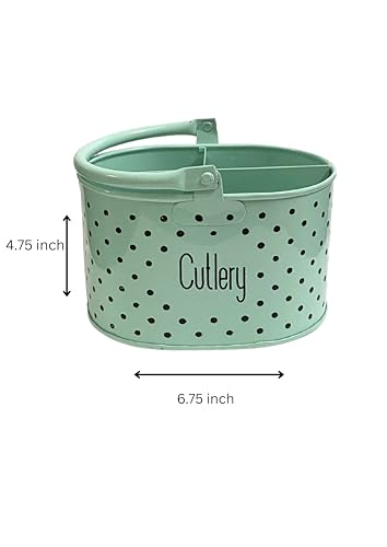Image of D&G Homes Metal Cutlery Holder | Stainless Steel Spoon & Fork Stand | Multi-Compartment Organizer | Rust-Resistant | Compact & Stylish | Kitchen & Dining Use |Easy to Clean|17x12x10cm |Green Polka