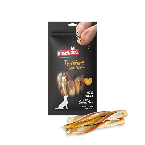 Rosewood Twisters Huhn Small, 6 Stück, 90 g, Fester Kausnack aus Rinderhaut für kleine Hunde, Kaustange mit Huhn, unterstützt die Zahnpflege, ohne Getreide, ohne künstliche Zusatzstoffe