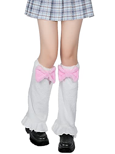 Kawaii Pink Bow Leg Warmer Y2k Furry Bow Leg Warmers Lolita over The Knee Socks for Women Girls (White and Pink)