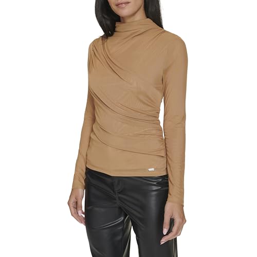 Image of Calvin Klein Women's Mockneck Draped Front Long Sleeve Top