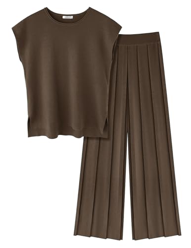 Image of Ekouaer Lounge Sets for Women Two Piece Outfits Knit Cap Sleeve Tops Wide Leg Pleated Pants Casual Dressy Sweater Sets