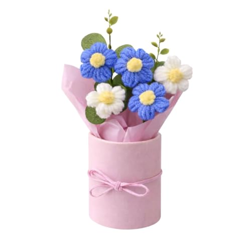 Image of VCR Handmade Blue Crochet Bouquet- Pack of 1 - Hand Woven Knitted Artificial Hand Knitted Bouquet Flower for Office Desk, Table, Car, Bedroom, Wedding & Special Occasions