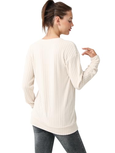 Image of Women's Long Sleeve Shirt V Neck Autumn Loose Top Lightweight Sweater Fashion Outerwear Casual Ladies Tops Beige