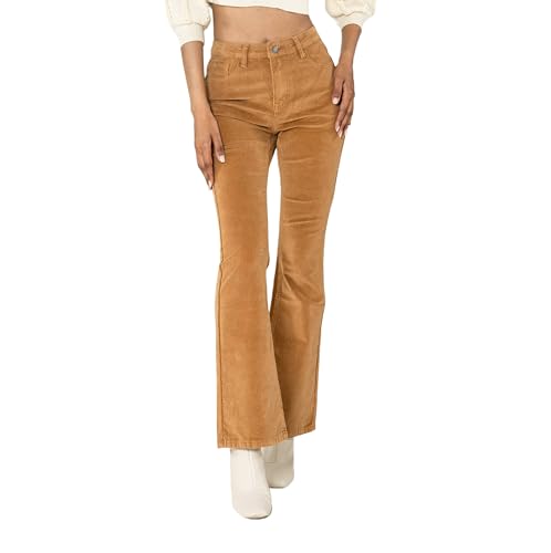 Nina Carter J221 Damen Hochtaillierte Bootcut Stretch-Cordhose aus Samtigem Kordel Vintage Schlaghose Cordjeans (Senfgelb (J221-6), L)