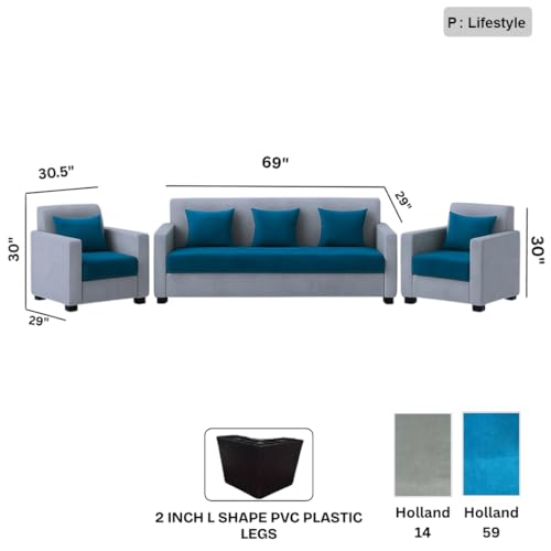 Image of Furny Lexman 5 Seater Fabric 3+1+1 Sofa Set (Aqua Blue-Light Grey) | Soft Velvet Fabric | Modern Design | Comfortable Seating | Living Room Furniture