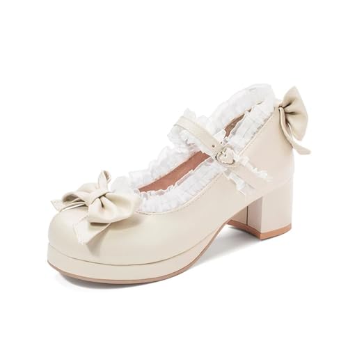 ZQW Cute Mary Jane Heels for Women Round Toe Low Block Heel Platform Bow Lace Plus Size Sweet Lolita Casual Wedding Prom Party Shoes