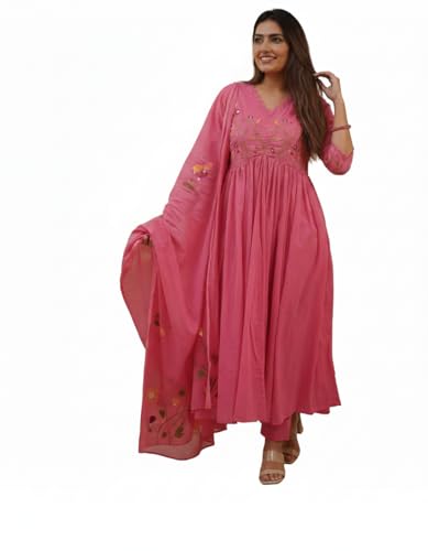 Image of Traditional Floral Embroidered Cotton Kurta Set with Dupatta