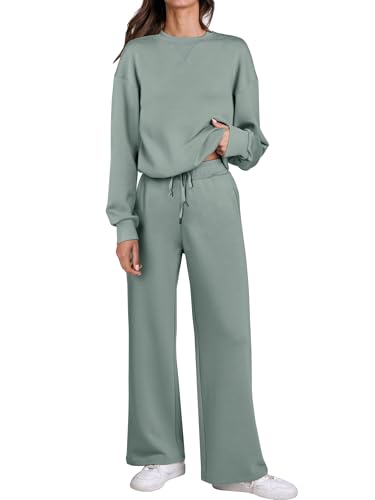 Caracilia Women's 2 Piece Outfits Sweatsuit Fall Crewneck Sweatshirts Wide Leg Pants Lounge Matching Sweat Sets Tracksuit Green Medium