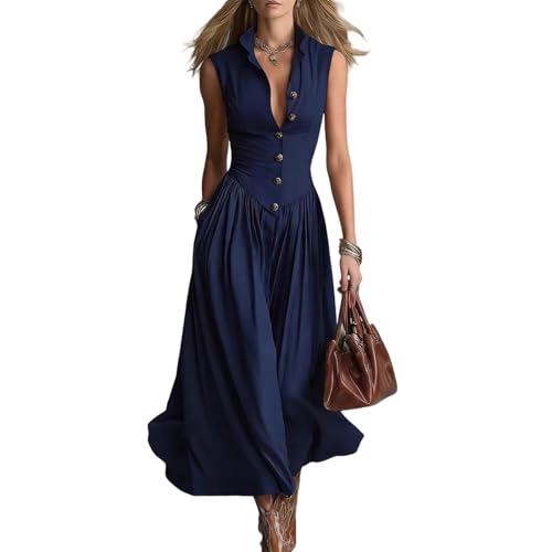 Robe femme chemise longue et fluide avec col boutonné sans manches pour l'été