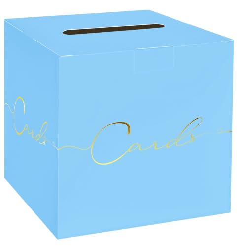 Image of HEIPINIUYE Light Blue Wedding Card Box with Gold Foil 9.8 inch x 9.8 inch Blue Large Gift Card Box for Party Wedding Reception Graduation Birthday Baby Shower Cardboard Raffle Envelope Box with Slot