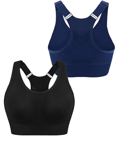 Litherday 2 Pack Sports Bras Women High Impact Padded Bra Plus Size Sport Bra Yoga Top Wireless Breathable Mesh Racer Back Daily Yoga Gym Crop Tops Black+Dark Blue XL