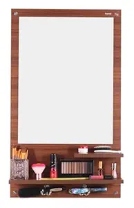 SUMWUD CABI Engineered Wood Wall Mount Dressing Table Mirror with Shelves Hooks Colour Classic Walnut 91 X54 12.3 Cm