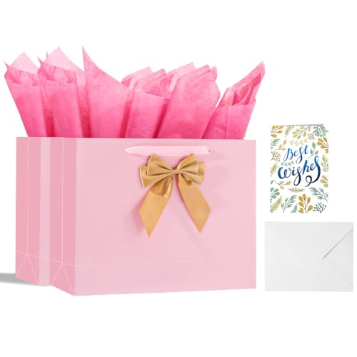 Image of Powbrace 13 inch Bright Pink Bags with Handles, Birthday Gift Bag Set - 2 Gift Bag with Bow, 4 Tissues & Greeting Card for Men Women,Gift Bags Medium size(2 PCS Bright Pink Glossy)