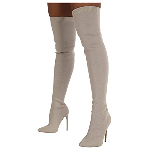 Olymmont Thigh High Boots for Women Wide Calf with Stiletto Heels Sexy Fashion Slim Fit Over The Knee Boots Knitted Pull On Round Toe High Heeled Long Boots Dress Shoes for Hot Girls Party Club Nights