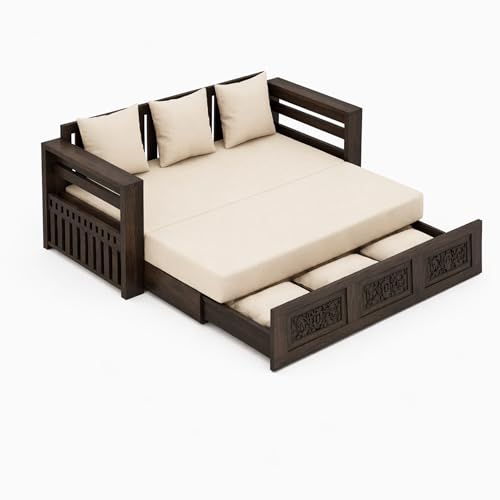 Image of SONA ART & CRAFTS Maharaja Sheesham Wood 3 Seater Sofa Cum Bed with Bedside | Wooden 3 Seater Sofa for Living Room Wooden Furniture Sofa Bed for Home (Walnut Finish)