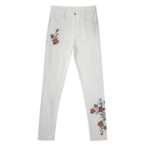 Women's Embroidered Floral Jeans with High Waist and Slim Fit Pocket White Denim Pants