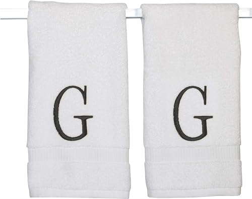 White with Black Monogrammed Hand Towels for Bathroom - Set of 2 Letter G