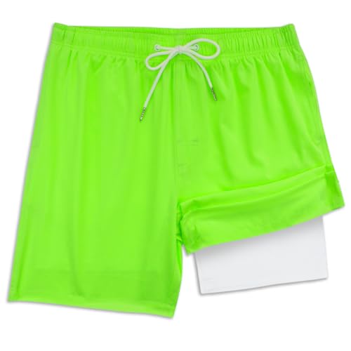 LUCOWEE Mens Swimming Trunks with Compression Liner no Chafe Soft Lined Swim Trunks Quick Dry UPF 50+ Stretchy 7 inch Inseam Bathing Suit Shorts Neon Green Small3