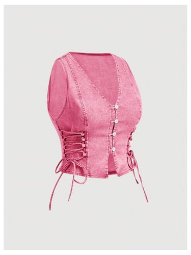 OYOANGLE Women's Plus Size Vintage Lace Up Denim Vest Top Button Front V Neck Jean Tank Tops2