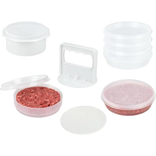 Mission Gallery Hamburger Press Patty Maker – 4-in-1 Burger Mold & Patty Press with 8 Storage Containers and 100 Round Papers – Burger Shaper for Meat or Veggie Patties (Manual)