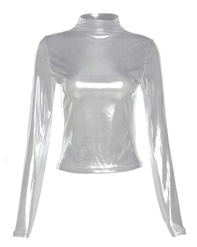 Damen Langarm Glänzende Oberteile, Metallic Flüssigkeits Rollkragenoberteile mit Stehkragen, schmal geschnittene, lässige Pullover Tunika für Clubwear, solide T Shirt Bluse Lederoptik Party Tanktops