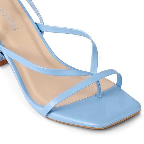 Image of Women's Kitten Heel Strappy Open Square Toe Thong Ankle Strap Heels for Wedding