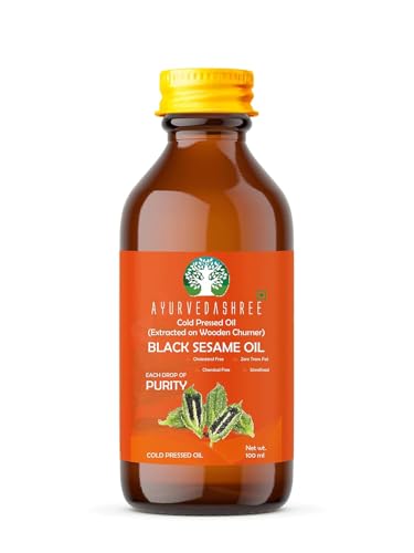 AYURVEDASHREE Black Sesame Oil 3.38 fl oz., Cold Pressed Oil, Extracted on Wooden Churner with Traditional Method, 100% Pure & Natural, No GMO, Untreated and Unrefined, for Cooking & Flavor Enhancer.