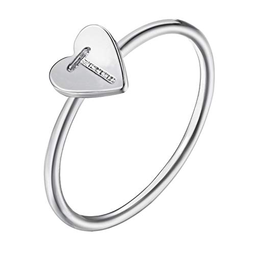 Silver Alphabet A-Z Initial Ring Heart Shaped Letter Rings for Women Girls (T)