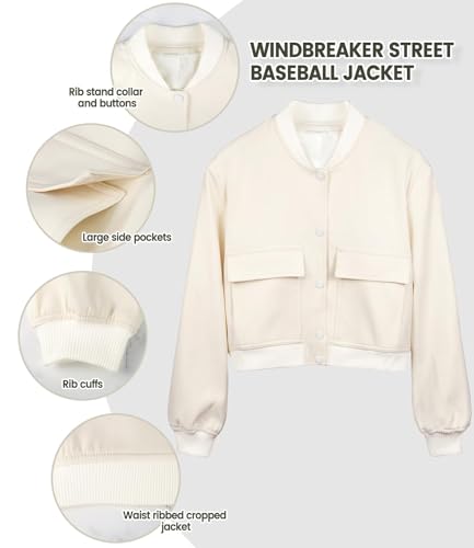 Modegal Women's Spring Varsity Bomber Jackets Long Sleeve Cropped Button Down Casual Coat with Pockets Outwear