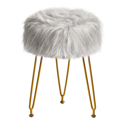 IBUYKE Faux Fur Vanity Sgabello Sedia, Sgabello di trucco peloso ottomano, seduta imbottita morbida, sgabelli rotondi poggiapiedi con 4 gambe in metallo, per ingresso camera da letto, grigio LG-32G