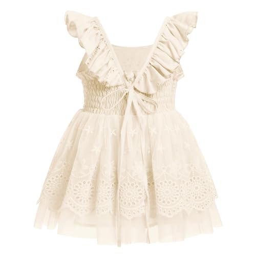 Christening Dresses for Baby Girl Fairy First Birthday Flutter Sleeve Smocked Dress Boho Floral Lace Tutu Dress