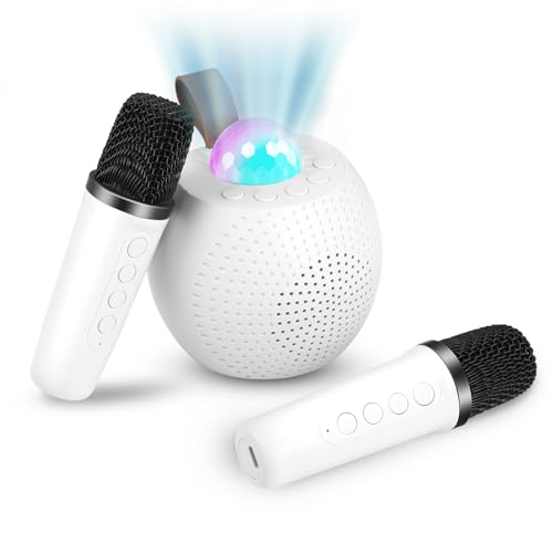 Weigudoc Karaoke Machine with 2 Wireless Microphone, Bluetooth Karaoke Speaker with Disco Ball, LED Lights, Voice Changing Effects for Girl, Boy, Birthday, Home, Party (White)
