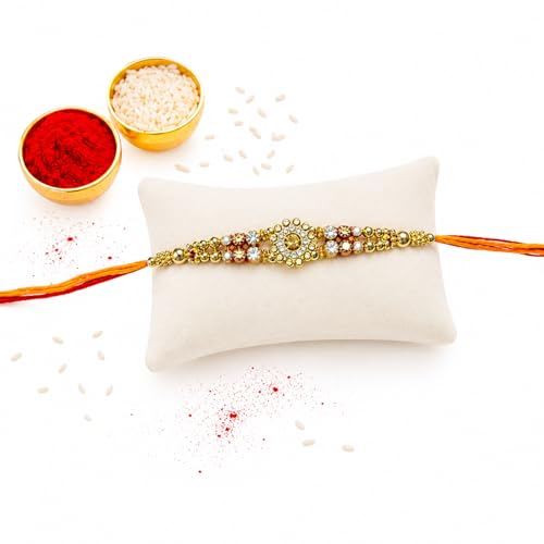 Image of Designer Rakhi with Crystal Embellishments, Gold Tone Beads, Red and Yellow Thread, Raksha Bandhan
