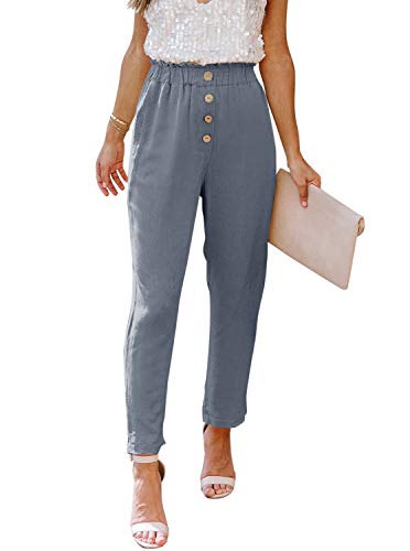 NIMIN Summer Pants for Women Work Casual High Waisted Paperbag Pants Stretchy Elastic Waist Work Pants with Pockets Blue Grey Large